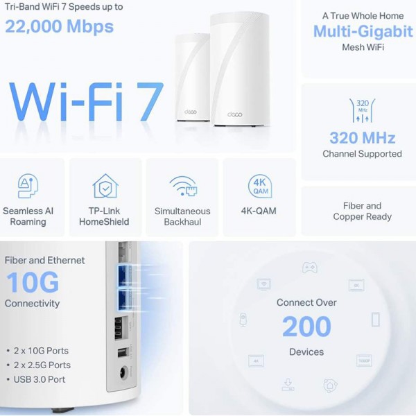 TPLink Deco BE85 (3 pack )Triband Mesh WiFi 7 BE22000 Whole Home Mesh System 3 Pack